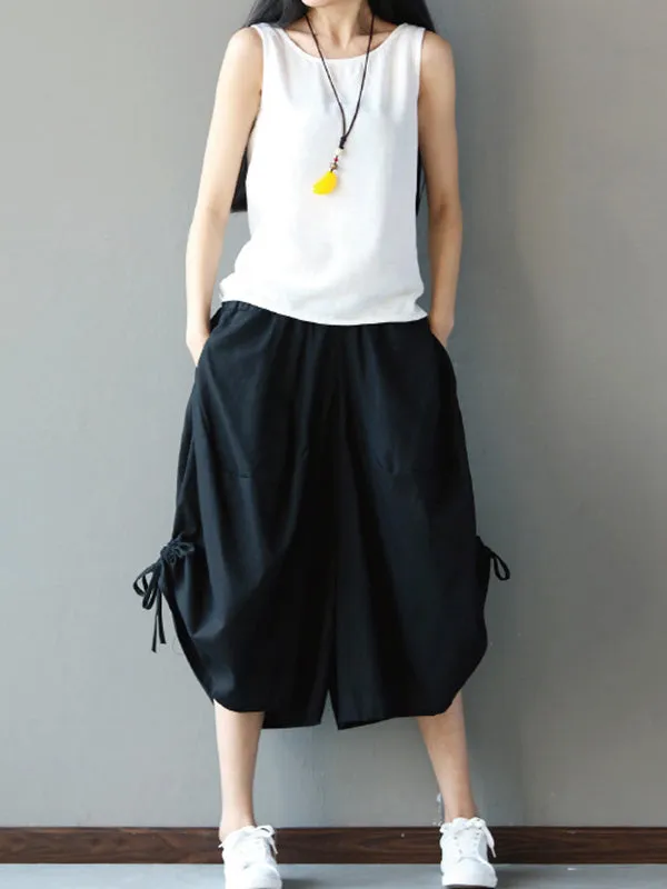 High Waisted Loose Drawstring Elasticity Solid Color Split-Joint Cropped Trousers Pants