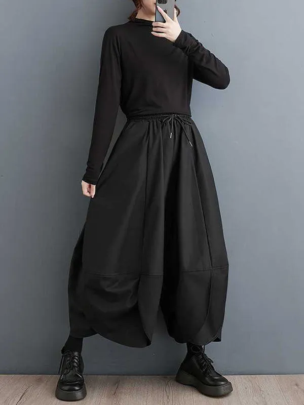 High Waisted Loose Drawstring Pleated Solid Color Pants Trousers