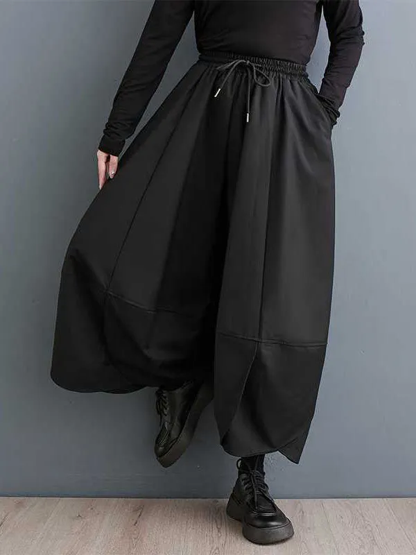 High Waisted Loose Drawstring Pleated Solid Color Pants Trousers