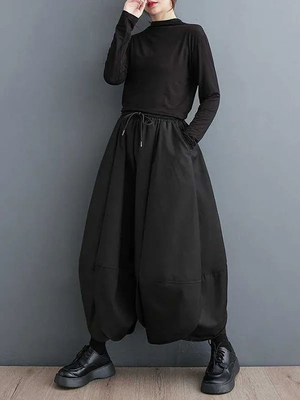 High Waisted Loose Drawstring Pleated Solid Color Pants Trousers