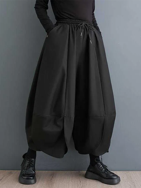 High Waisted Loose Drawstring Pleated Solid Color Pants Trousers