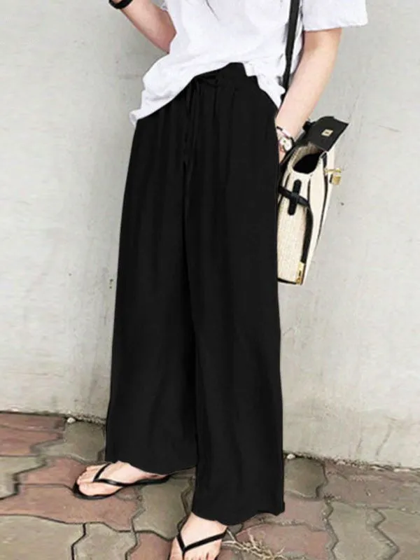 High Waisted Loose Drawstring Pockets Solid Color Pants Trousers