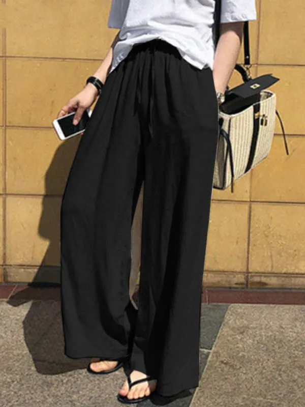 High Waisted Loose Drawstring Pockets Solid Color Pants Trousers