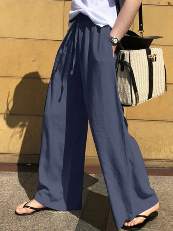 High Waisted Loose Drawstring Pockets Solid Color Pants Trousers