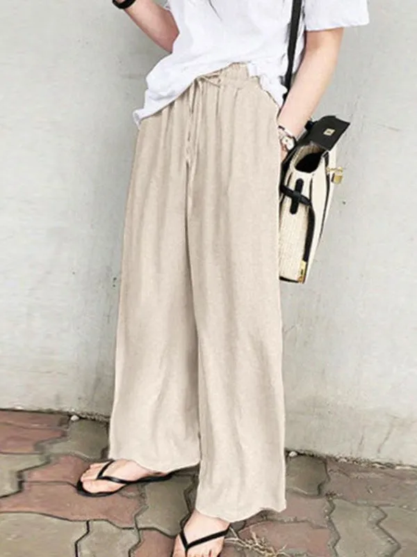 High Waisted Loose Drawstring Pockets Solid Color Pants Trousers