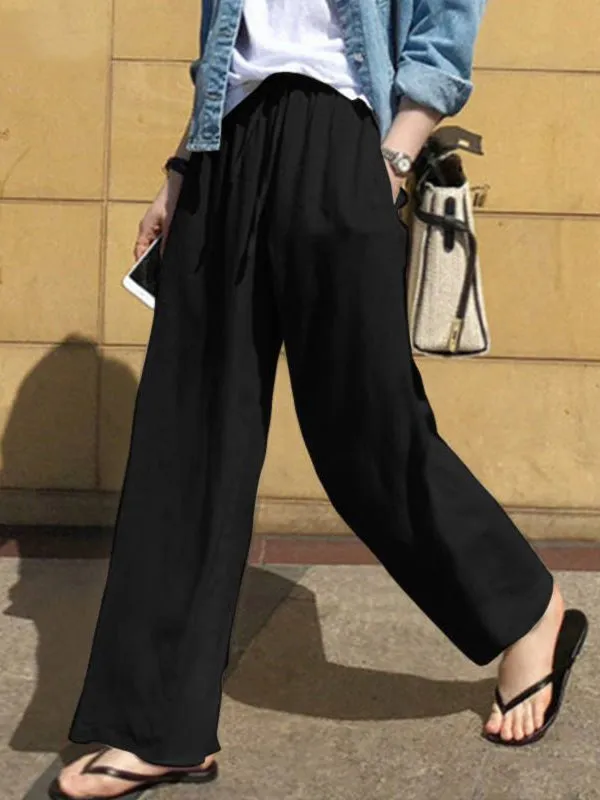 High Waisted Loose Drawstring Pockets Solid Color Pants Trousers