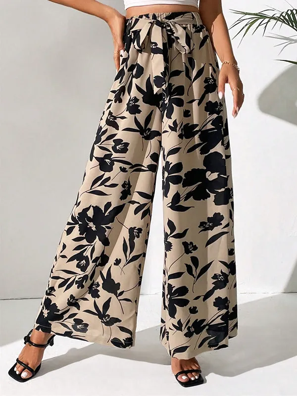 High Waisted Loose Elasticity Flower Print Tied Waist Pants Trousers