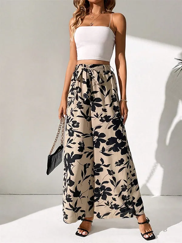 High Waisted Loose Elasticity Flower Print Tied Waist Pants Trousers