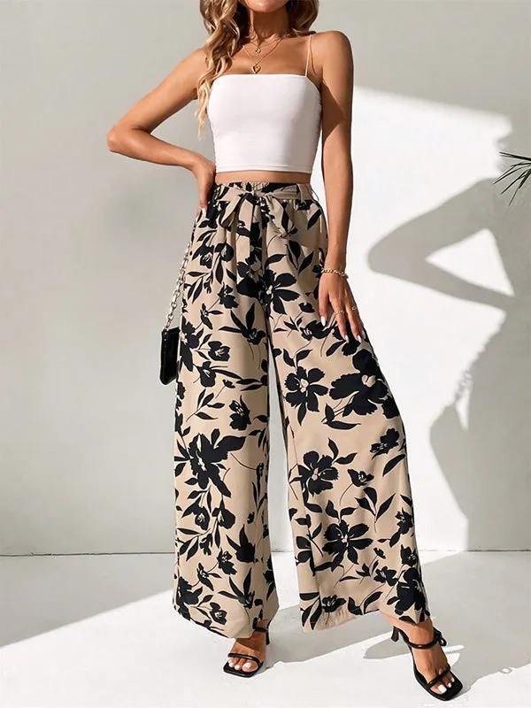 High Waisted Loose Elasticity Flower Print Tied Waist Pants Trousers