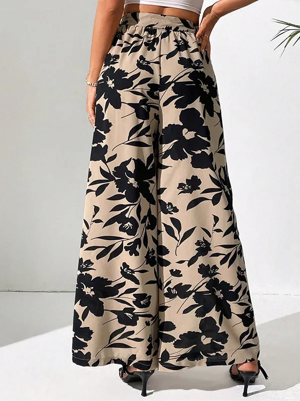 High Waisted Loose Elasticity Flower Print Tied Waist Pants Trousers