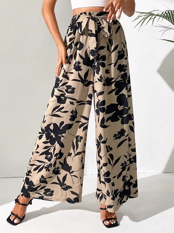 High Waisted Loose Elasticity Flower Print Tied Waist Pants Trousers