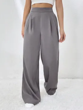 High Waisted Loose Elasticity Pleated Pockets Solid Color Pants Trousers