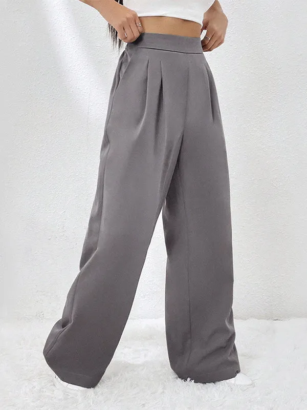 High Waisted Loose Elasticity Pleated Pockets Solid Color Pants Trousers