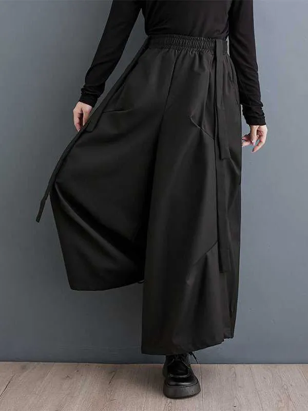 High Waisted Loose Elasticity Pleated Pockets Solid Color Pants Trousers