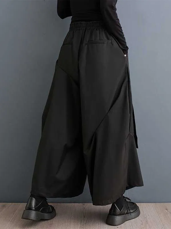 High Waisted Loose Elasticity Pleated Pockets Solid Color Pants Trousers