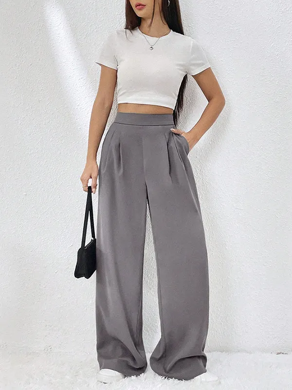 High Waisted Loose Elasticity Pleated Pockets Solid Color Pants Trousers