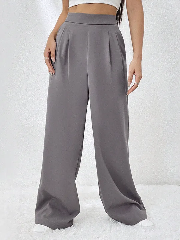 High Waisted Loose Elasticity Pleated Pockets Solid Color Pants Trousers