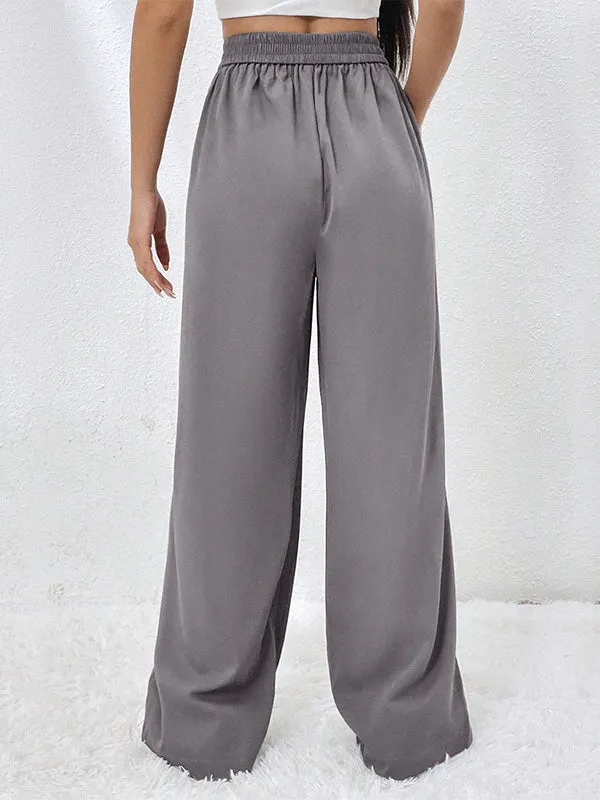 High Waisted Loose Elasticity Pleated Pockets Solid Color Pants Trousers