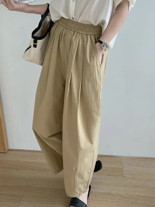 High Waisted Loose Elasticity Pleated Solid Color Split-Joint Pants Trousers