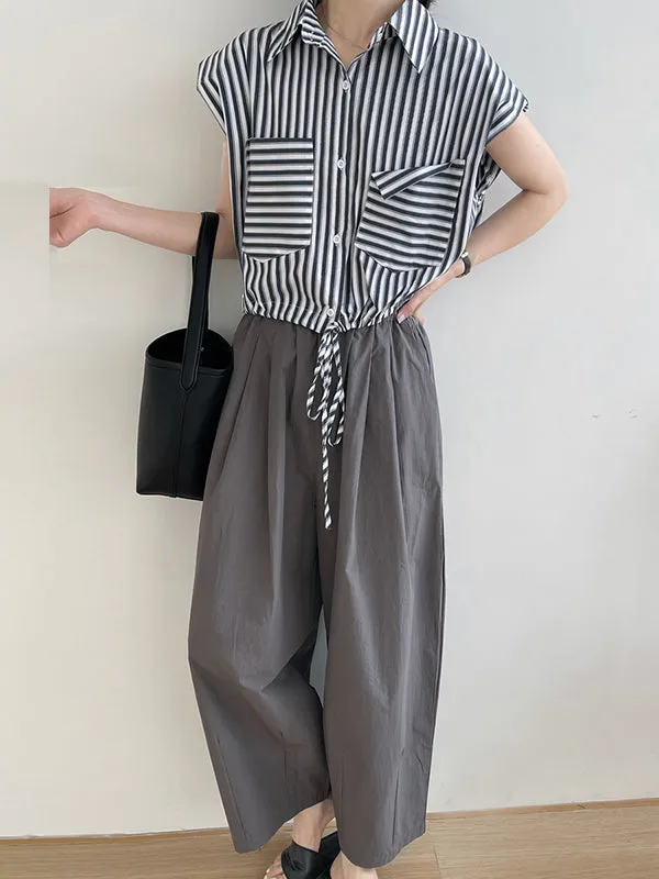 High Waisted Loose Elasticity Pleated Solid Color Split-Joint Pants Trousers