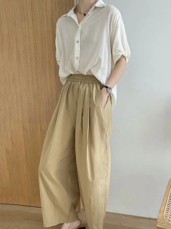 High Waisted Loose Elasticity Pleated Solid Color Split-Joint Pants Trousers