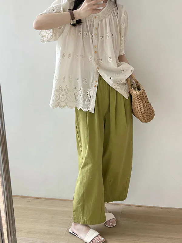 High Waisted Loose Elasticity Pleated Solid Color Split-Joint Pants Trousers