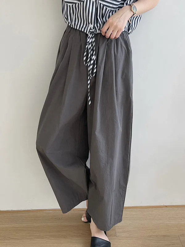 High Waisted Loose Elasticity Pleated Solid Color Split-Joint Pants Trousers