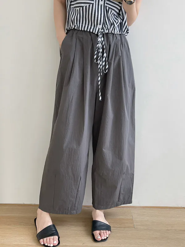 High Waisted Loose Elasticity Pleated Solid Color Split-Joint Pants Trousers