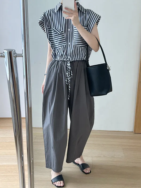 High Waisted Loose Elasticity Pleated Solid Color Split-Joint Pants Trousers