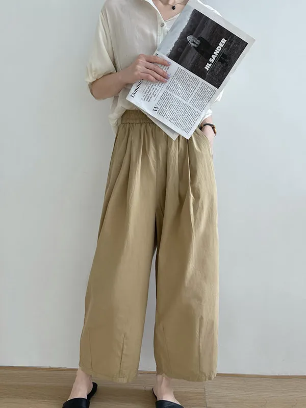 High Waisted Loose Elasticity Pleated Solid Color Split-Joint Pants Trousers