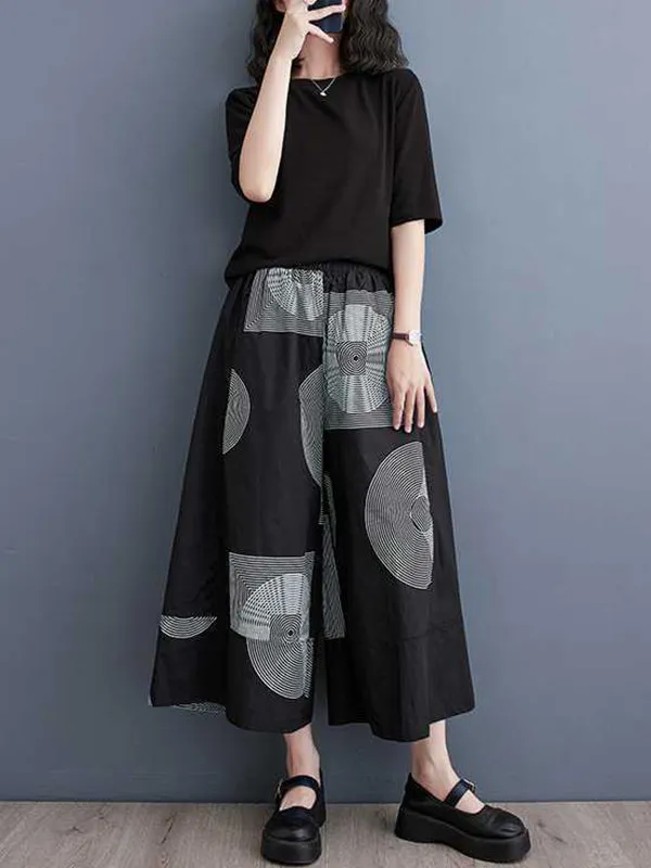 High Waisted Loose Elasticity Printed Cropped Trousers Pants