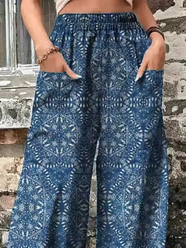 High Waisted Loose Elasticity Printed Split-Joint Pants Trousers