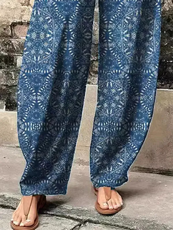 High Waisted Loose Elasticity Printed Split-Joint Pants Trousers