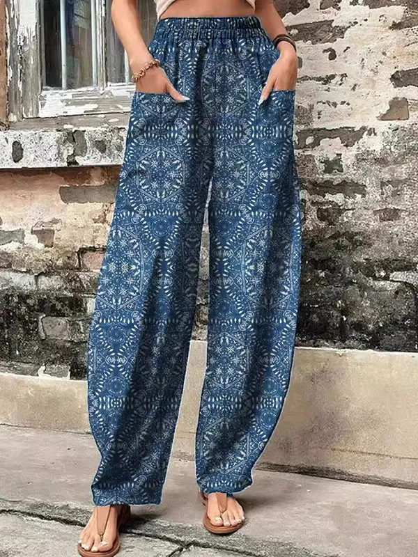 High Waisted Loose Elasticity Printed Split-Joint Pants Trousers