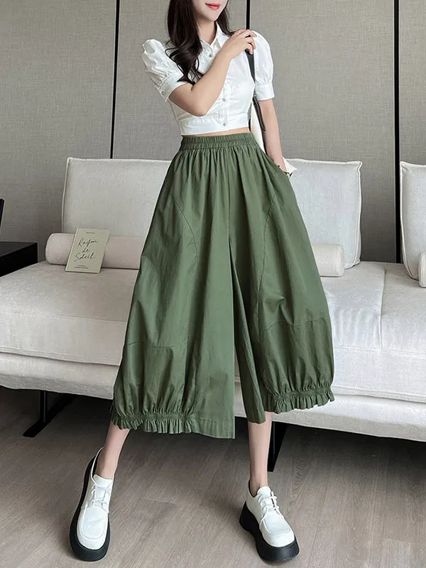 High Waisted Loose Elasticity Solid Color Split-Joint Knickerbockers Ninth Pants Pants Trousers