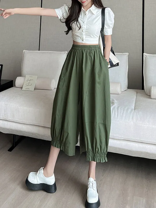 High Waisted Loose Elasticity Solid Color Split-Joint Knickerbockers Ninth Pants Pants Trousers