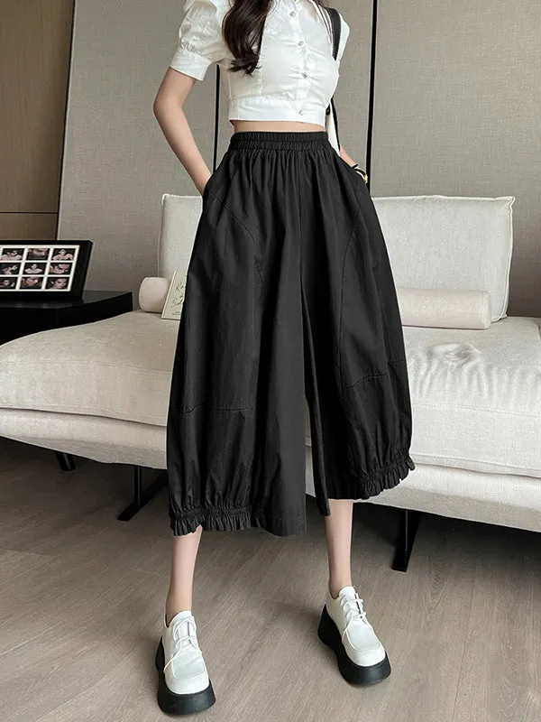 High Waisted Loose Elasticity Solid Color Split-Joint Knickerbockers Ninth Pants Pants Trousers