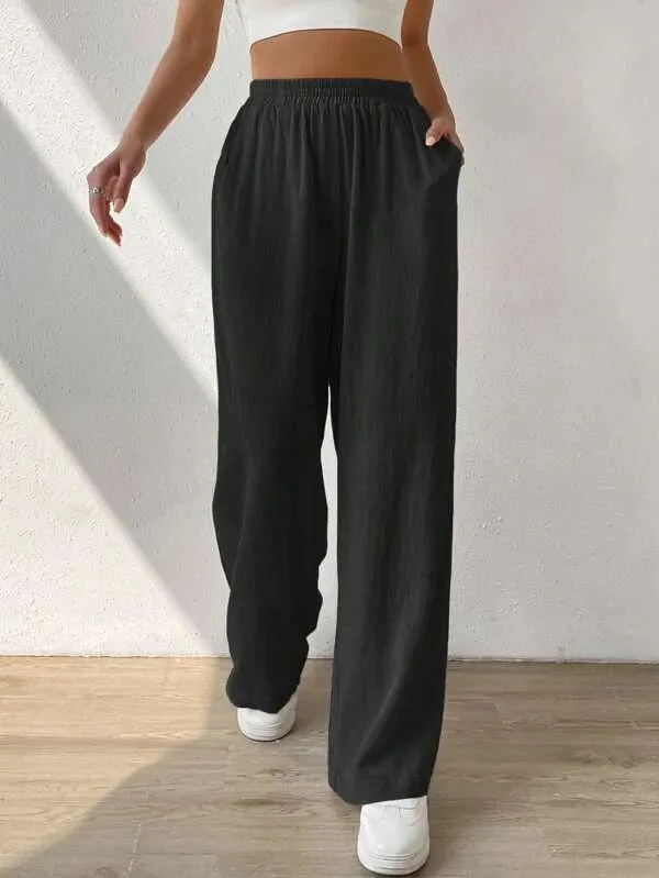 High Waisted Loose Elasticity Solid Color Split-Joint Pants Trousers