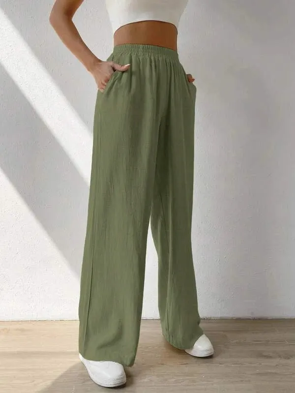 High Waisted Loose Elasticity Solid Color Split-Joint Pants Trousers