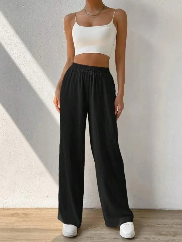 High Waisted Loose Elasticity Solid Color Split-Joint Pants Trousers