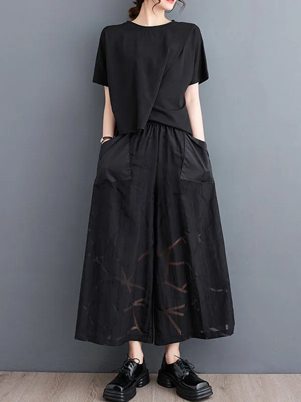 High Waisted Ninth Pants Elastics Printed Wide Leg Casual Pants Bottoms