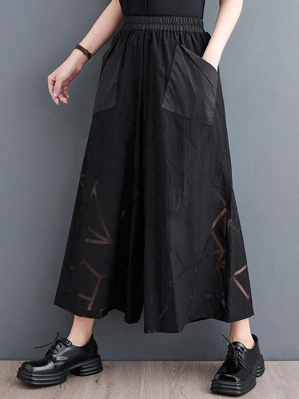 High Waisted Ninth Pants Elastics Printed Wide Leg Casual Pants Bottoms