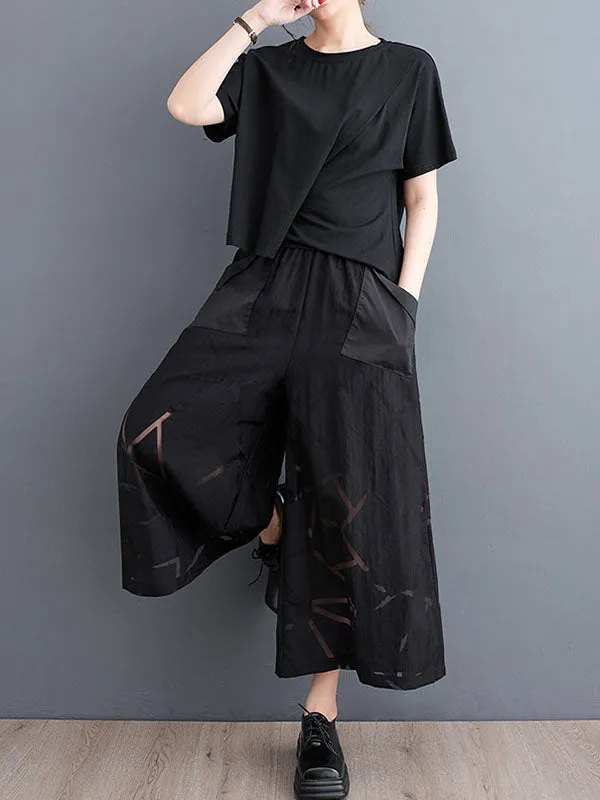 High Waisted Ninth Pants Elastics Printed Wide Leg Casual Pants Bottoms