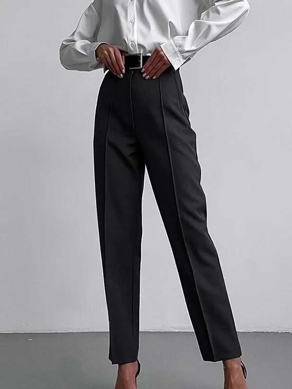 High Waisted Pleated Solid Color Split-Joint Suit Pants Trousers