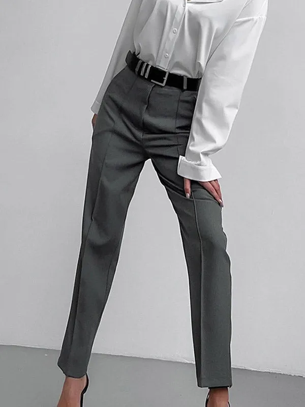 High Waisted Pleated Solid Color Split-Joint Suit Pants Trousers