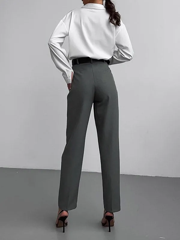 High Waisted Pleated Solid Color Split-Joint Suit Pants Trousers