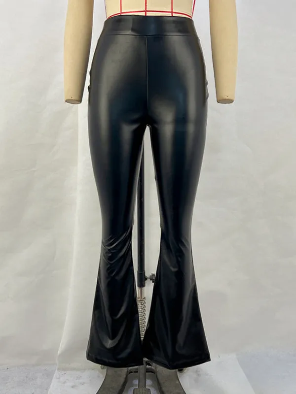 High Waisted Shiny Solid Color Flared Trousers Pants