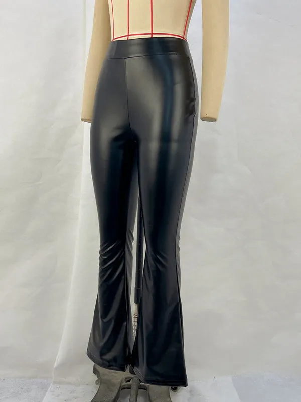 High Waisted Shiny Solid Color Flared Trousers Pants