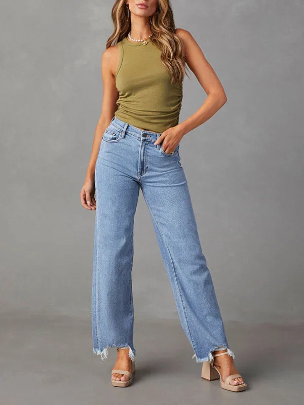 High Waisted Straight Leg Fringed Split-Joint Jean Pants Bottoms