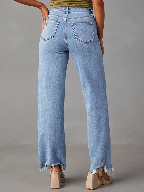 High Waisted Straight Leg Fringed Split-Joint Jean Pants Bottoms